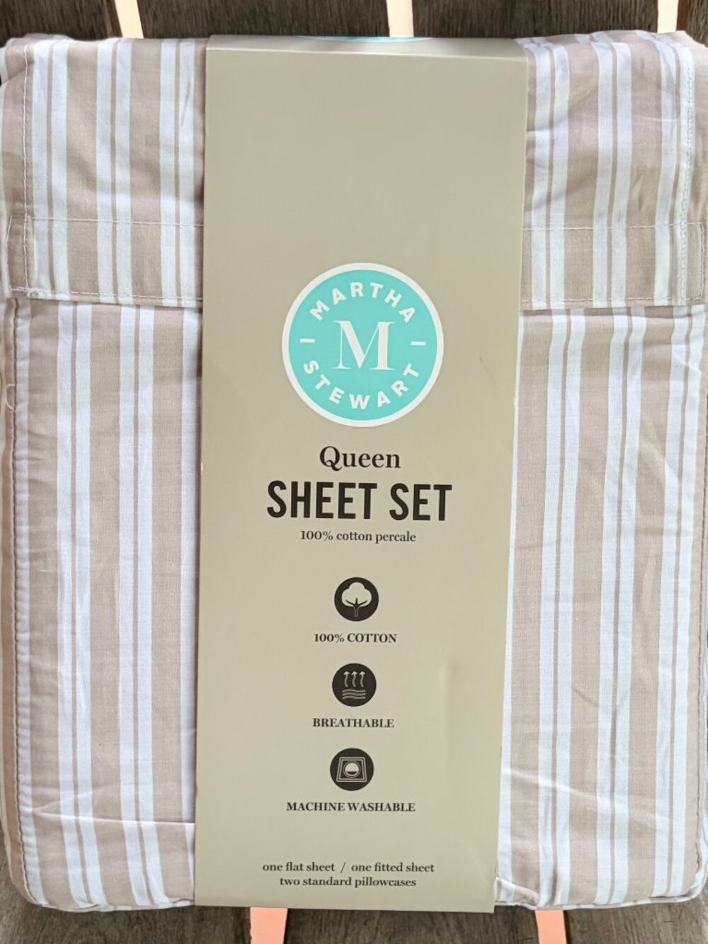 Martha Stewart Queen Size BEIGE BILLIE STRIPE Cotton Percale Sheet Set